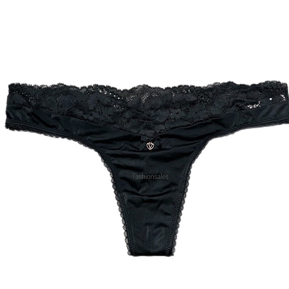 Victorias Secret Body Supersoft Satiny floral Lace waist Thong panty Black M